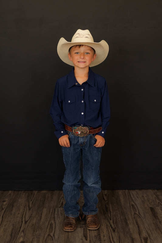 BOYS PERFORMANCE PEARL SNAP LONG SLEEVE NAVY WB34