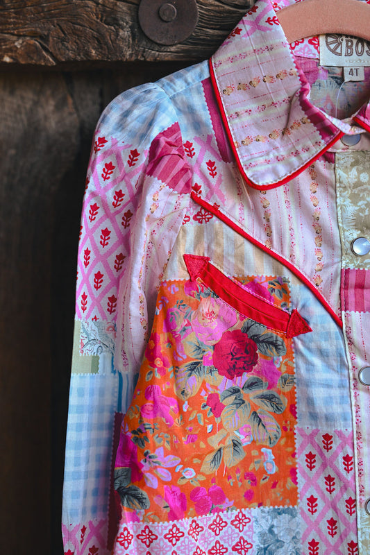 Patchwork Long Sleeve Pearl Snap Shirt