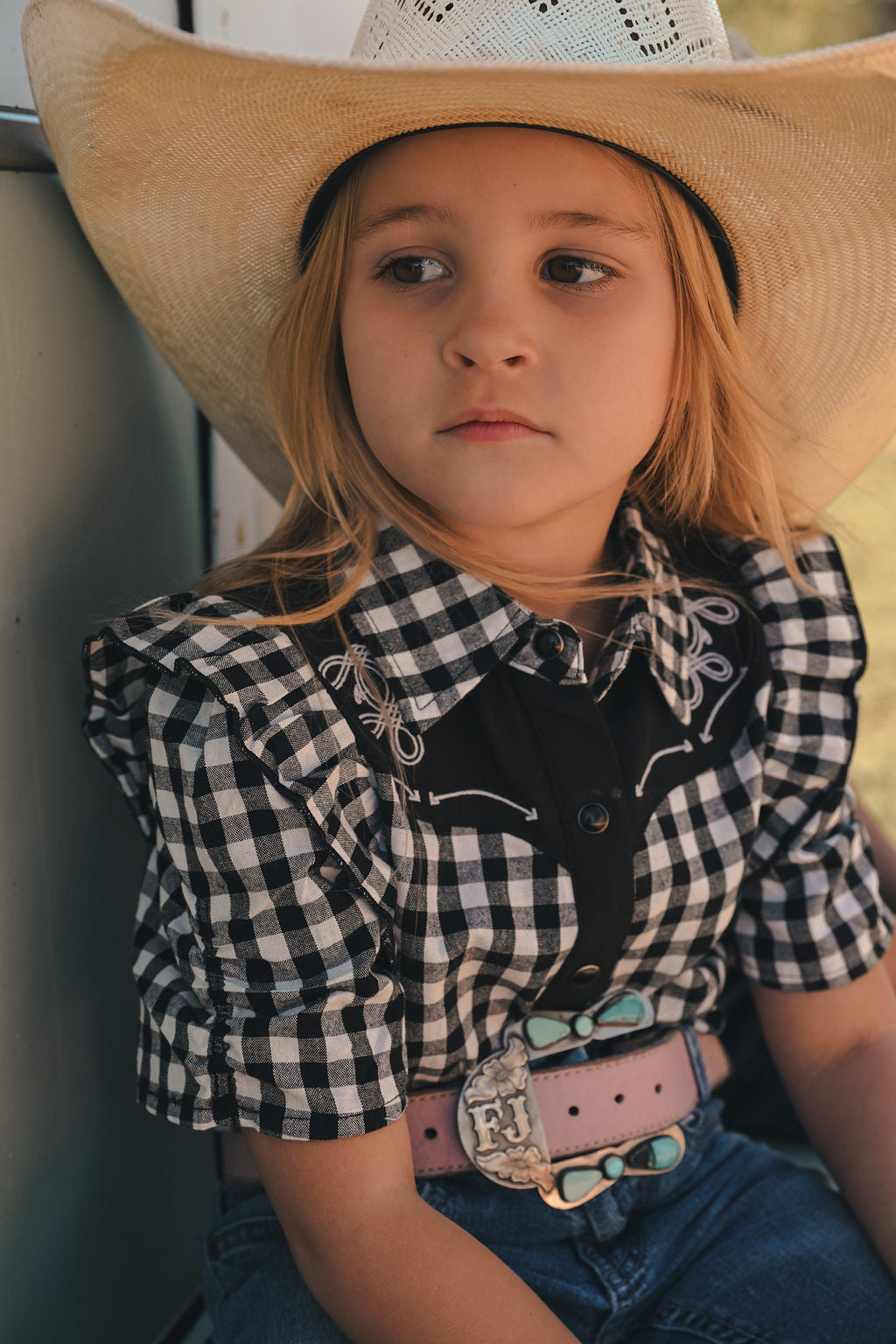 Black Gingham Ruffle Short Sleeve Pearl Snap Shirt (WB2735)