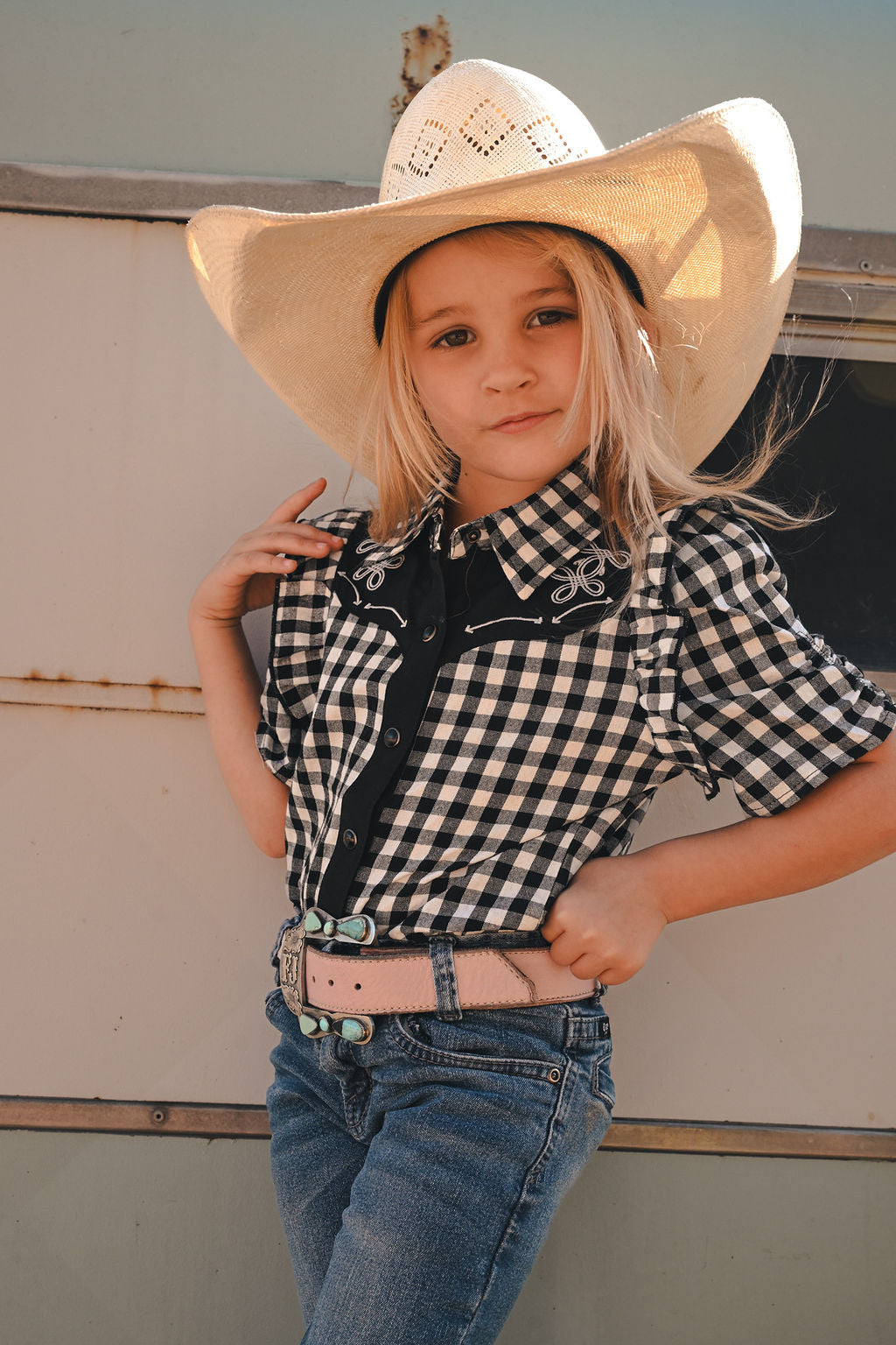 Black Gingham Ruffle Short Sleeve Pearl Snap Shirt (WB2735)