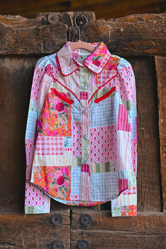 Patchwork Long Sleeve Pearl Snap Shirt