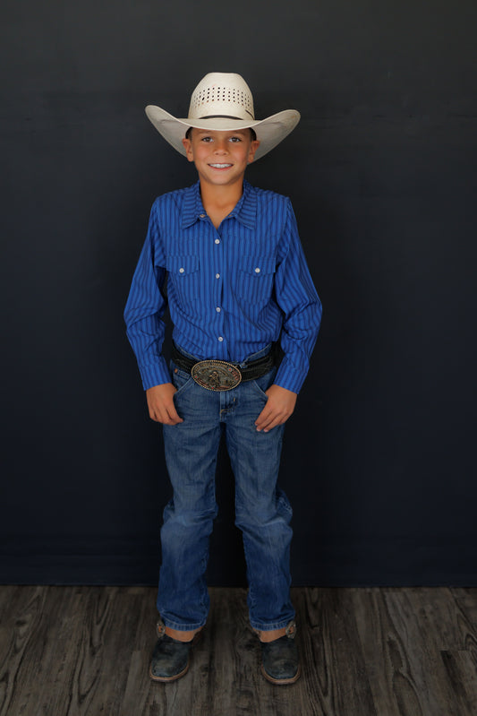 BOYS PERFORMANCE PEARL SNAP LONG SLEEVE BLUE STRIPE WB34
