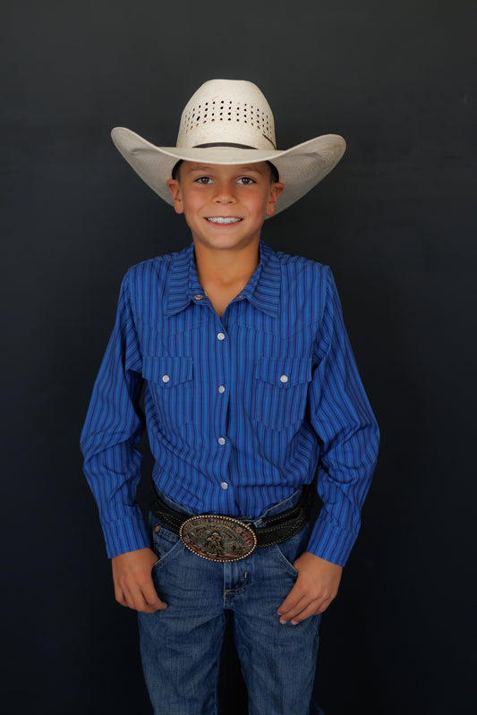 BOYS PERFORMANCE PEARL SNAP LONG SLEEVE BLUE STRIPE WB34
