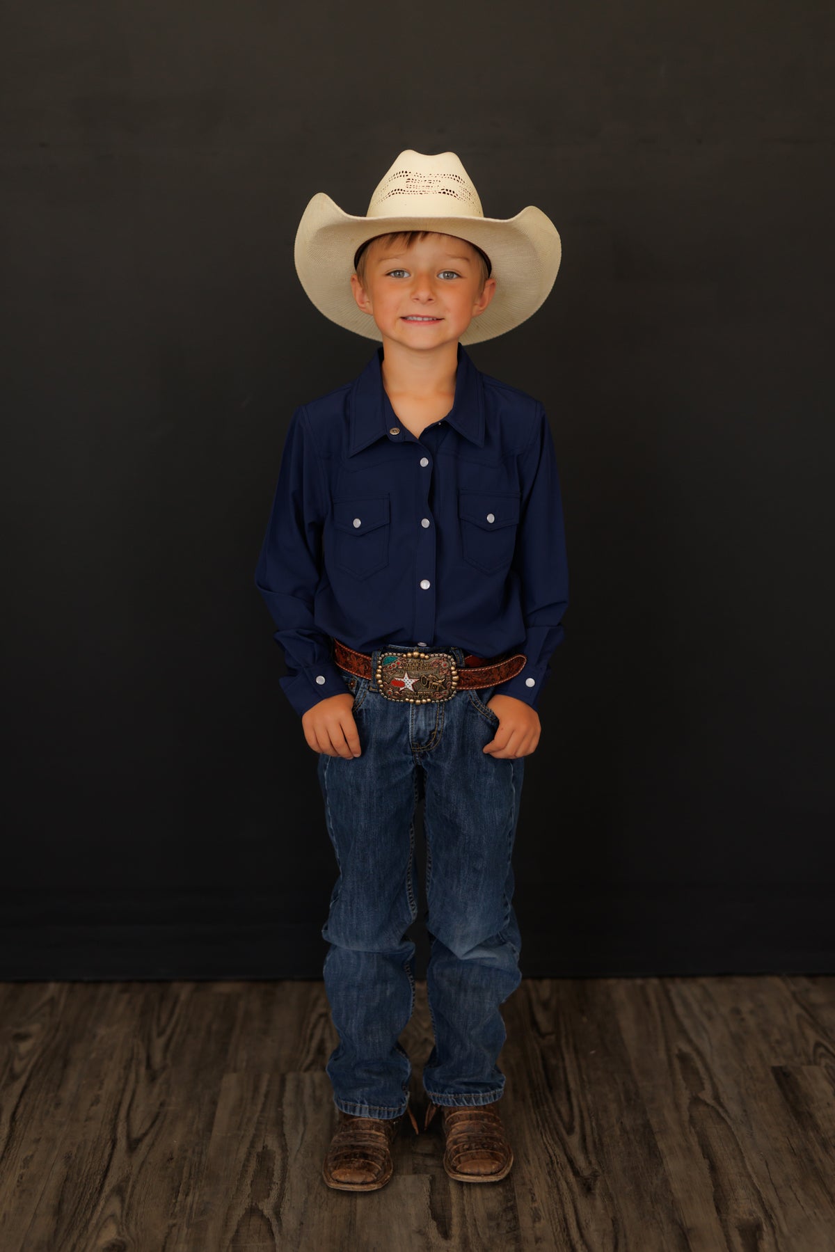 BOYS PERFORMANCE PEARL SNAP LONG SLEEVE NAVY WB34