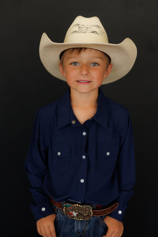 BOYS PERFORMANCE PEARL SNAP LONG SLEEVE NAVY WB34