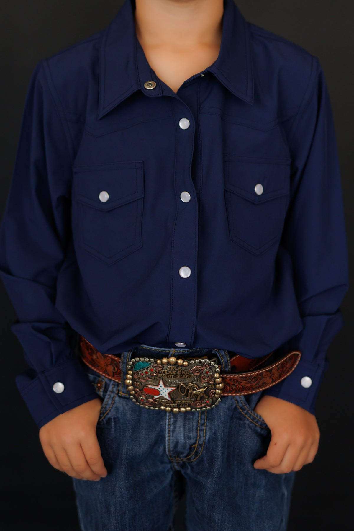 BOYS PERFORMANCE PEARL SNAP LONG SLEEVE NAVY WB34