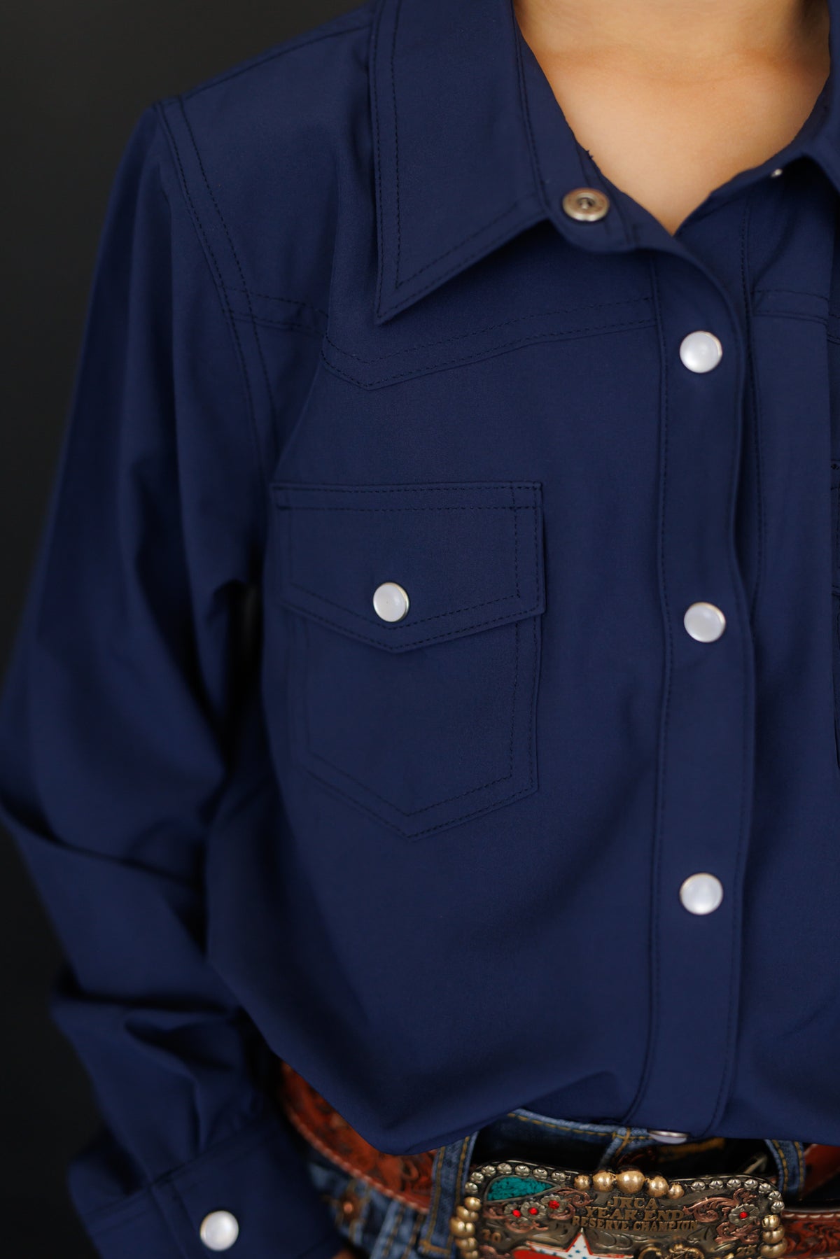 BOYS PERFORMANCE PEARL SNAP LONG SLEEVE NAVY WB34